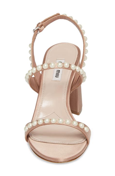 miu miu faux pearl embellished satin and velvet sandals|Miu Miu Imitation Pearl Crystal Embellished Slingback Sandal .